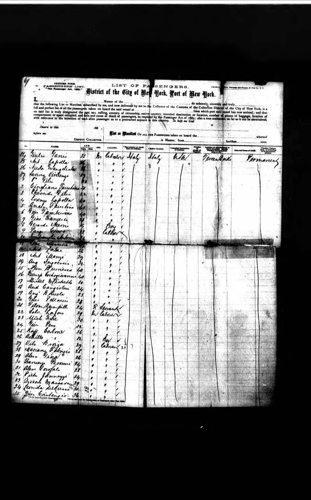 Ship manifest showing Andrew Cangialosi arriving from Naples, Italy aboard the Britannia on April 9, 1884.