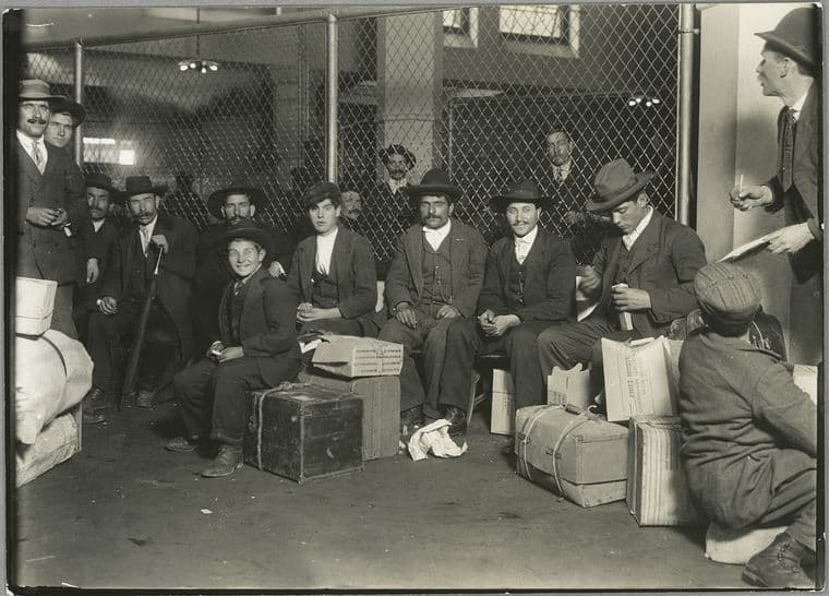 Italian immigrants at Ellis Island, 1908. Photograph by Lewis Hine.